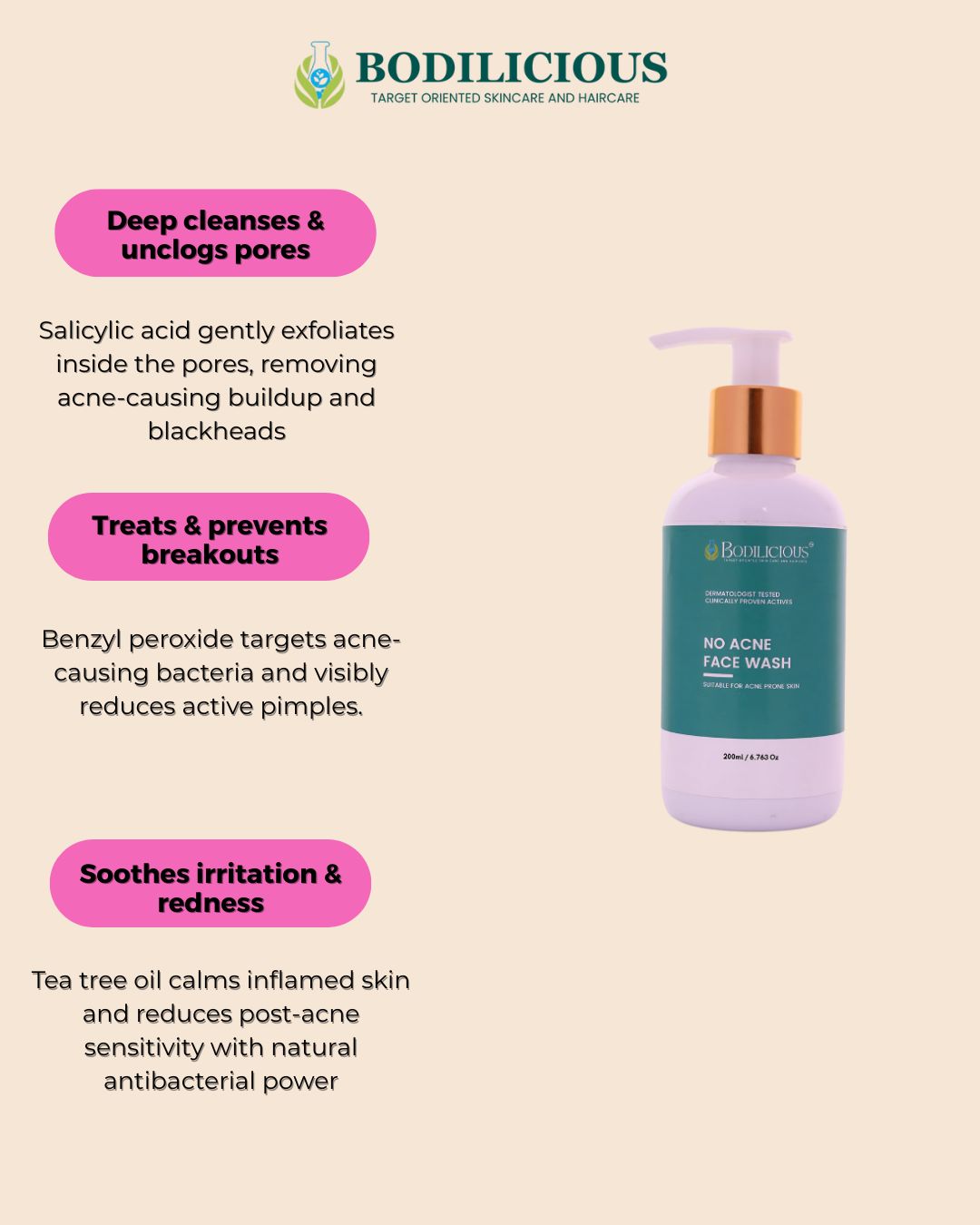 Bodilicious No Acne Face Wash | Reduces Excess Oil, And Unclogs pores | Advanced Acne-Fighting Cleanser For Flawless Skin