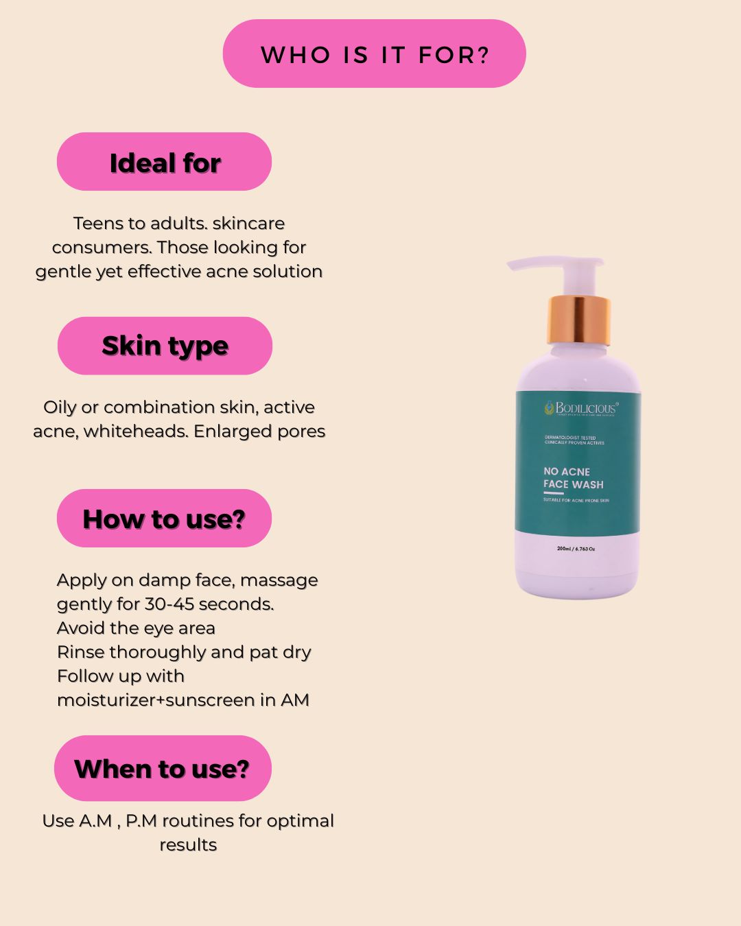 Bodilicious No Acne Face Wash | Reduces Excess Oil, And Unclogs pores | Advanced Acne-Fighting Cleanser For Flawless Skin